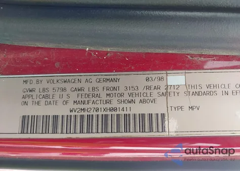 1999 Volkswagen Eurovan Mv from USA, damaged, VIN WV2MH2701XH001411